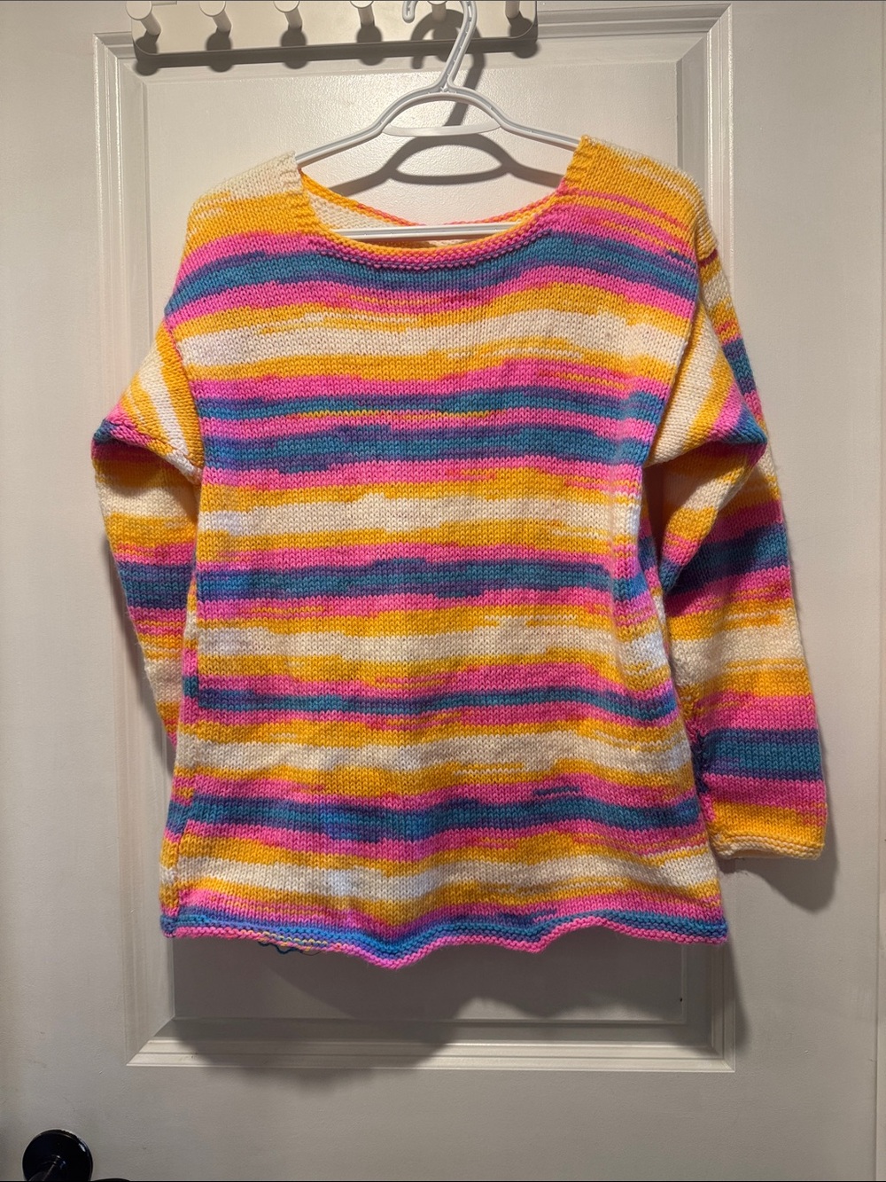 Handmade Knit Striped Sweater Crewneck Vibrant Pink Blue Yellow White Boho